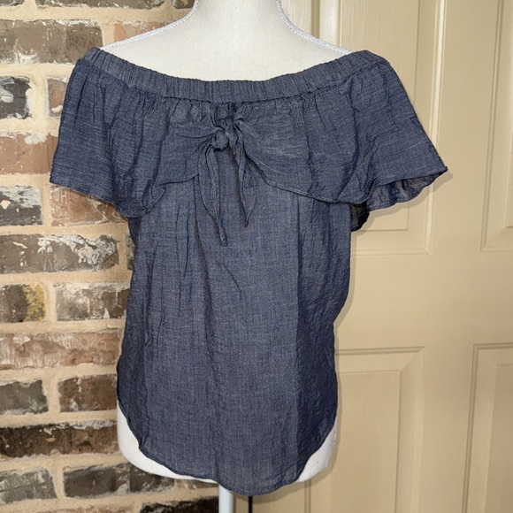 Naked Zebra Chambray Peasant Off-Shoulder Swing Top Ruffle & Tie Detail Sz Large - Picture 3 of 12